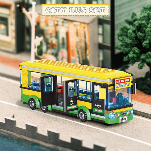 WEMEWEME Set 6+, 386PCS City Bus Building Blocks for Kids Pushable Bus Toy with Station Platform, Realistic Doors