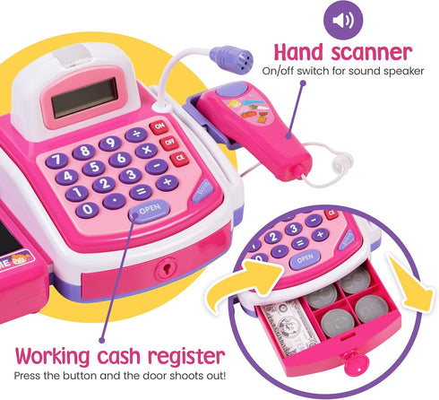 Set Prextex Grocery Store Pretend Play Electronic Toy Cash Register - STEM Cash Register for Kids with Microphone, Play