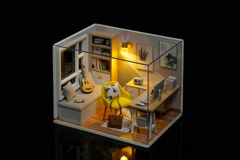 CUTEROOM DIY Doll Room Miniature Furniture Wooden House Kit with Dust Cover & LED Light