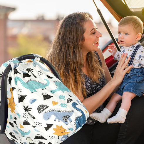 Fiwochic Dinosaurs Carseat Cover Baby Infant Car Seat Canopy Breathable Cotton Extra Large Mesh Window Windproof