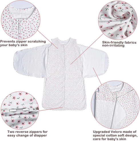2 Pack,Swaddles 3-6 Months,3-Way 100% Cotton,12-18 lbs,1.0 Baby Sleep sack Swaddle Adjustable Wearable Transition