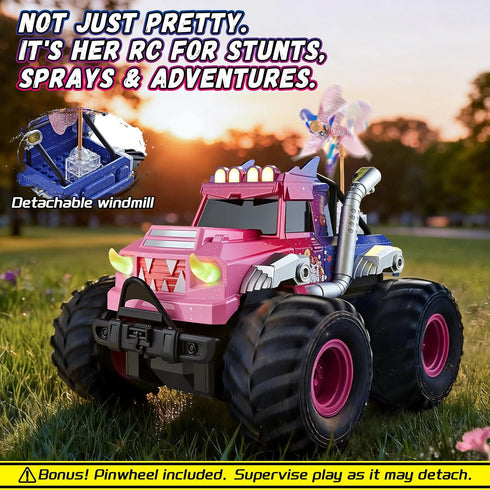 YEESWOOQI 360Spin, 1:18 4WD 3-12 Remote Control Car for Girls, Waterproof Pink Monster Truck Toys W/Blocks & Amphibious