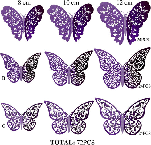 72 Pieces 3D Butterfly Wall Decals - Decorative Stickers in 3 Sizes for Home, Nursery, and Kids Room Decor (Purple)