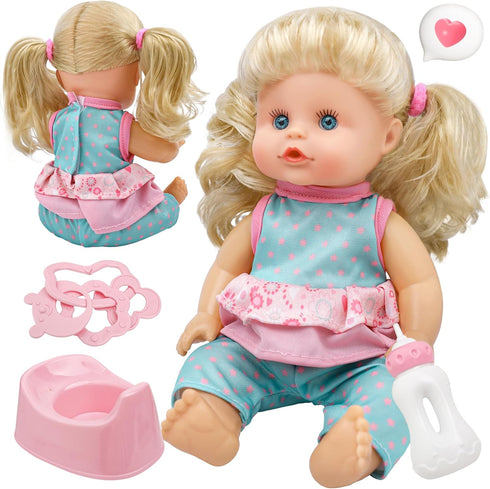 SMILESSKIDDO Baby Doll, 12 inch Interactive Talking Doll with Hair, Bottle, Soft