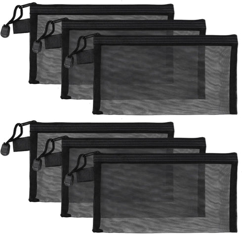 yuntop 6 PCS Mesh Pouch, Black Nylon Mesh Cosmetic Zipper Bags for Home