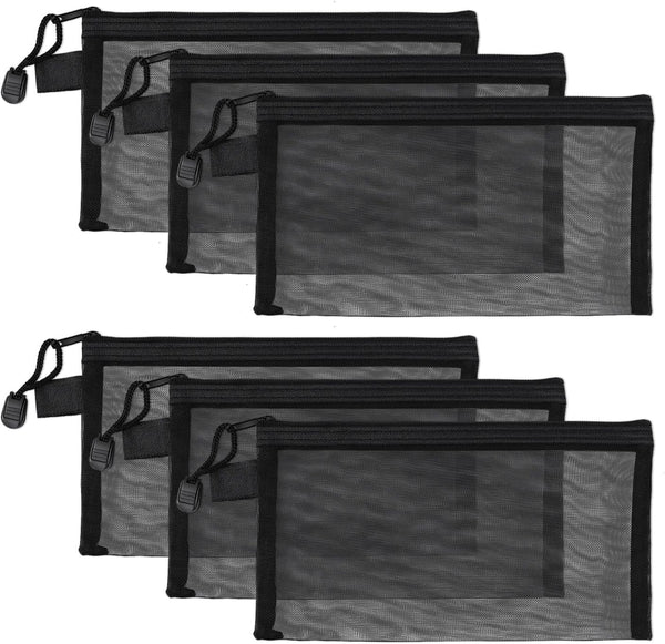 yuntop 6 PCS Mesh Pouch, Black Nylon Mesh Cosmetic Zipper Bags for Home