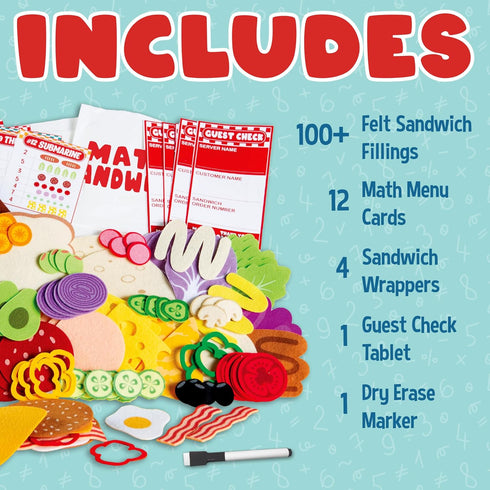 3 100+ 10 Peaceable Kingdom Math Sandwich Game: Preschool Math Games for Kids Ages and Up Includes Felt Food Pieces