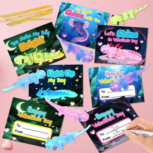 Kids,24 Pack AuroTops Valentines Day Gifts for Glow in The Dark Axolotl Toys with Valentines Day Cards for Kids School