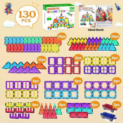 130PCS Set 2 3 4 5 6 7 8+ Paaxido Magnetic Tiles - Magnetic Blocks for Kids, Magnet Tiles Building Blocks with Cars