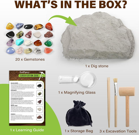 LotFancy Gemstone Dig Kit, Excavate 20 Real Gems, Science Kit for Kids Age 8-12, Educational Toy with Mining Tools