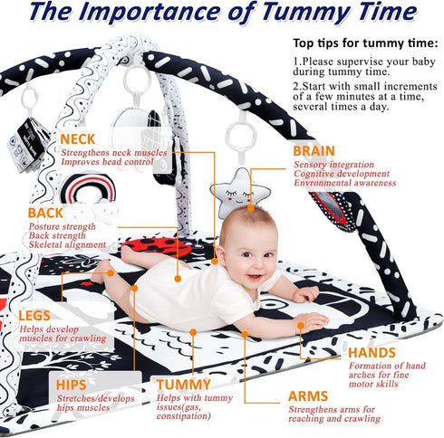 6 Tummy 0-6 6-12 Poycuna Black and White Baby Gym Play Mat with Toys Time Activity Mat for Babies Months High Contrast