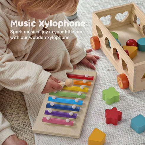 Set Shape Sorter - Wooden Xylophone and Montessori Number Puzzle for Babies - Educational Sorting Game with Storage Car
