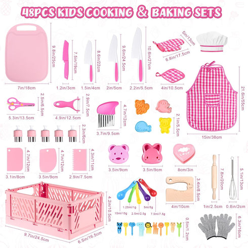 Set 48PCS Set, Sets 3+ Kids Knife for Real Cooking: Kids Kitchen Kids Cooking Real with ApronBasket, Kid Kitchen
