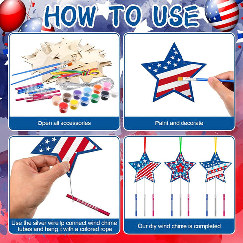 Sheroll 30 Pack 4th of July Wind Chime Kit for Kids, DIY Craft for Patriotic Star Wooden Decorations