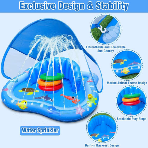 Swimming iGeeKid Baby Play Mat with Sprinkler, Inflatable Baby Pool Float with Canopy Backrest & Stackable Rings Water