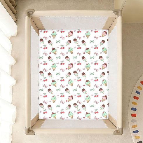 Jynexis 52x28 Ice Cream Cherries White Print Baby Crib Sheets, Cotton Fitted Crib Sheet, Soft Breathable, Fits Standard