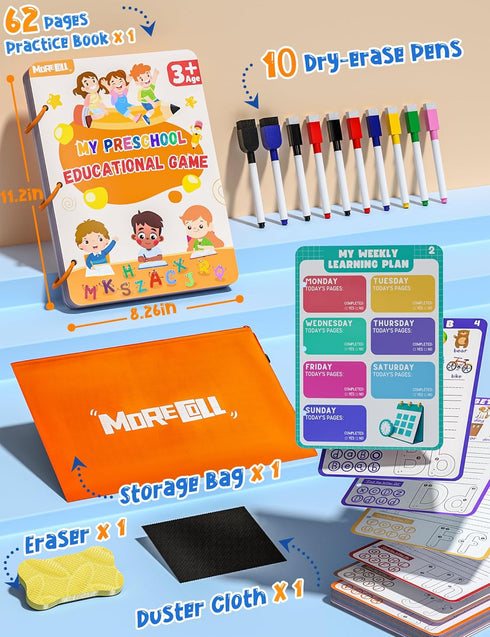Educational Workbook for Preschool Learning Activities, 62 Reusable Pages for Kids, Number Letter Tracing