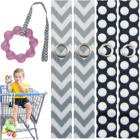 Toy Saver Strap Holder Leash Secure Accessories - Gray Chevron/White Dots, 4pc