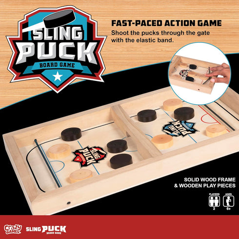 Fast Sling Puck Board Game - Small Wooden Family Games, Table Top Hockey for Adults & Kids