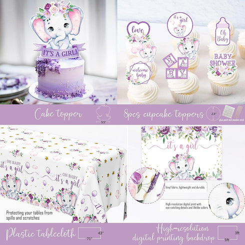 HYCSANBAO Elephant Baby Shower Decorations for Girl, Pink Purple Elephant Baby Shower Party Supplies, It's a Girl