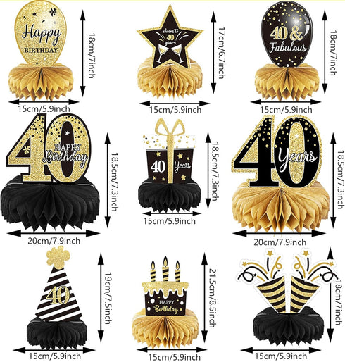 9 Pieces 40th Birthday Decoration - Cheers to 40 Years Honeycomb Centerpieces for Tables, Party Decor Supplies