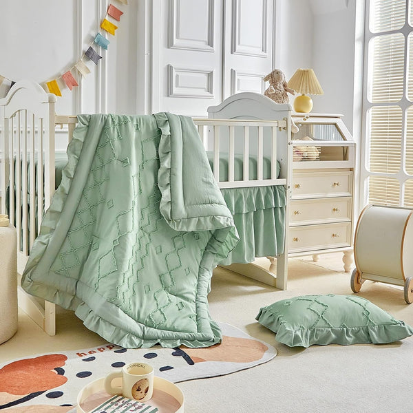 AIKASY The Ruffled Shabby Crib Bedding Set for Girls, Baby Quilted Comforter with