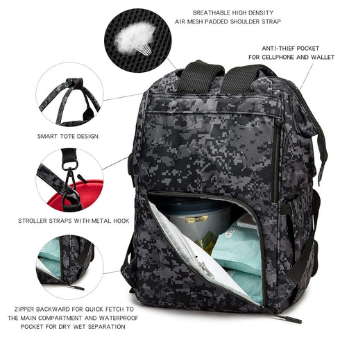 Backpack Backpack Diaper Bag with USB Charging Port Stroller Straps and Insulated Pocket,army military Travel Nappy
