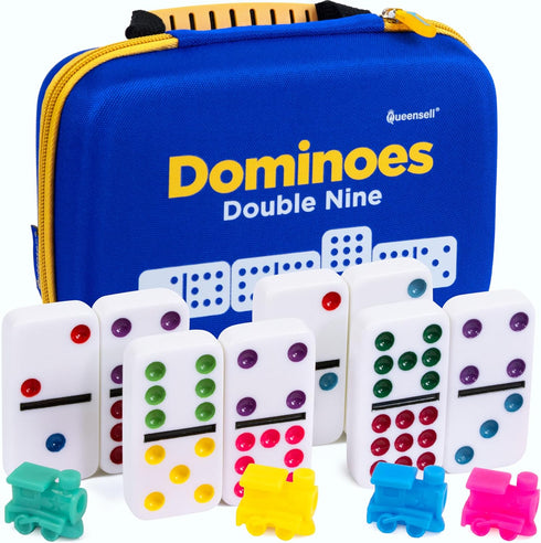 9 Set Set 55 Queensell Double Dominos for Adults and Kids with Colored Dots Classic Dominoes Game with Tiles, Wooden