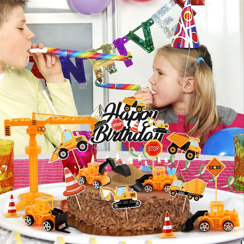 21PCS Set Construction Cake Toppers Truck Cake Decoration Excavator Tractor Tower Crane Cupcake Topper Traffic and Road