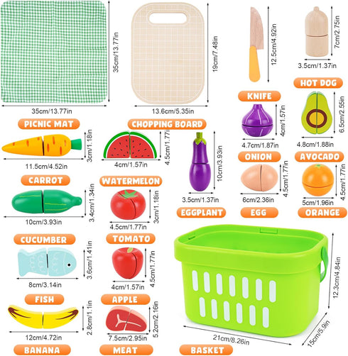 1 2 3 Wooden Food for Play Kitchen - Cutting Fruits Toys for Years Old Toddlers Kids, Vegetables Gift for Boys Girls