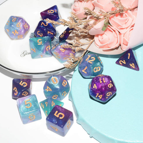DND Dice 2 X 7 Sets, 14 Pieces Glitter Sparkle Cosmic Mixed Polyhedral Dice for RPG MTG Table Games