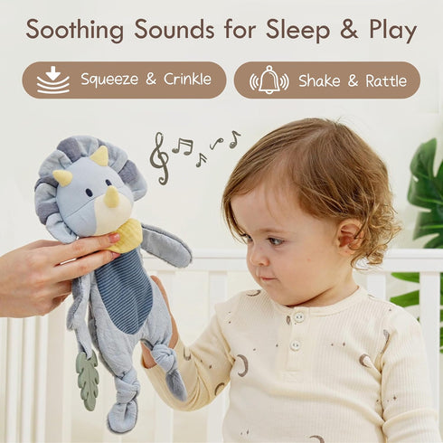 Moonkie Baby Lovey with Silicone Teether, Dinosaur Security Blanket with Textured Ribbons, Crinkle Toys, Soft Minky