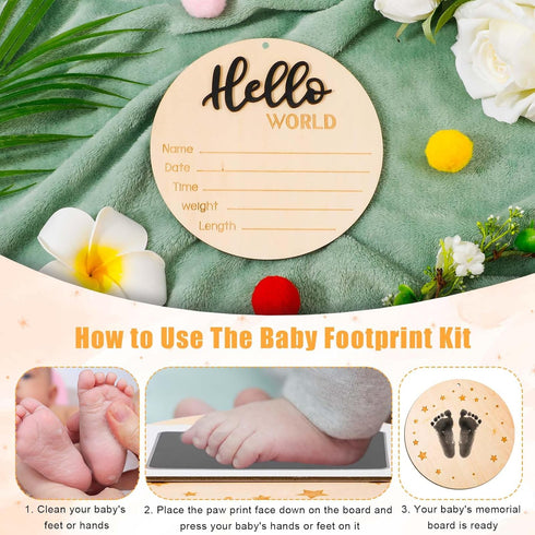 NQEUEPN 5.9in Baby Announcement Sign Plate, Wooden Newborn Disc Board with Ink Pad for Hand & Footprints Hello Birth