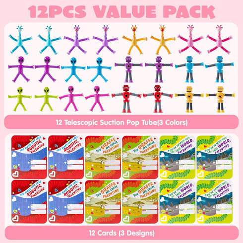12 Packs JOYIN Valentine's Day Telescopic Suction Pop Tube with Cards, Kids Toys Party Favors, Classroom Exchange Gift
