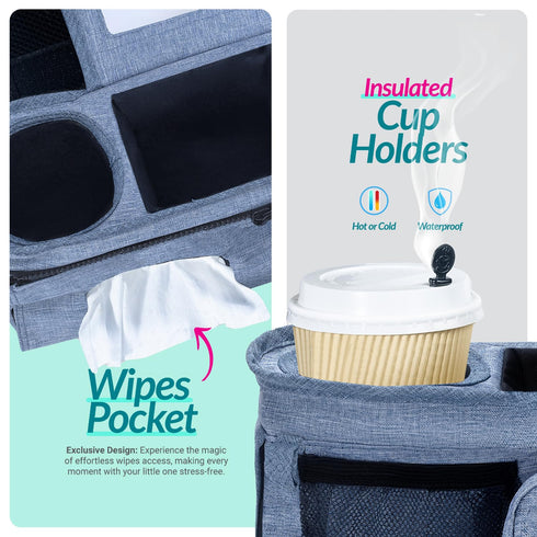v2 Swanoo Stroller Caddy Organizer With Cup Holder, Non-Slip Straps, Bag for Phone, Pet Accessories, Universal Fits