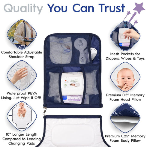 Nasteri Baby Gear Extra Large Portable Baby Changing Pad with Memory Foam Pillow & Insulated Bottle Bag - Waterproof