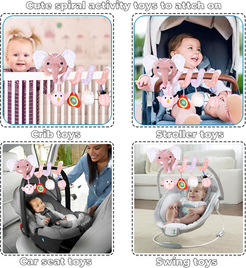 Musical Owl Rattle and Hanging Stroller Toys for Babies 0-6 Months, Pink Elephant Car Seat Toys for Newborn Girls
