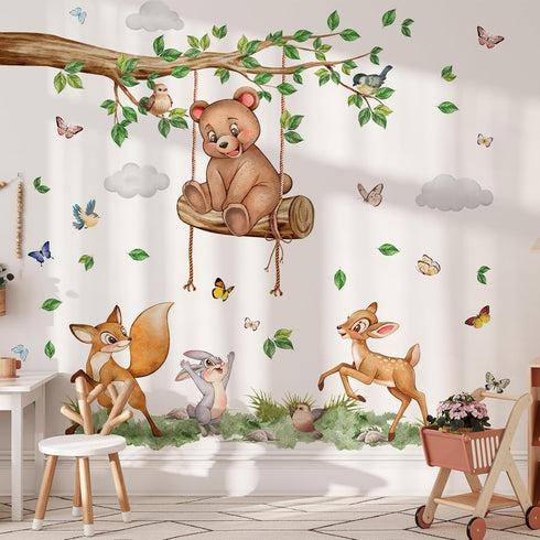 Tuitager L Large Tree Wall Decals with Woodland Animals, Peel and Stick Wall Stickers