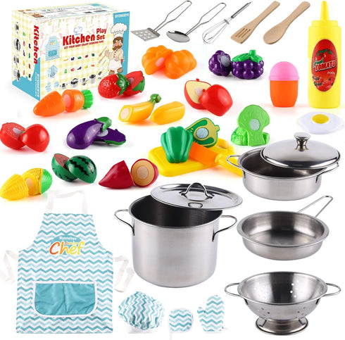 35 Pcs Kitchen Pretend Play Accessories Toys,Cooking Set with Stainless Steel Cookware