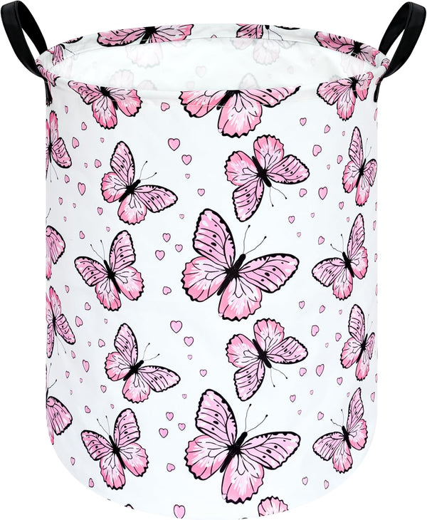 Pink Butterfly Waterproof Collapsible Laundry Basket, Large Canvas Hamper, Cute Kids Nursery Toy Storage for Girls Room