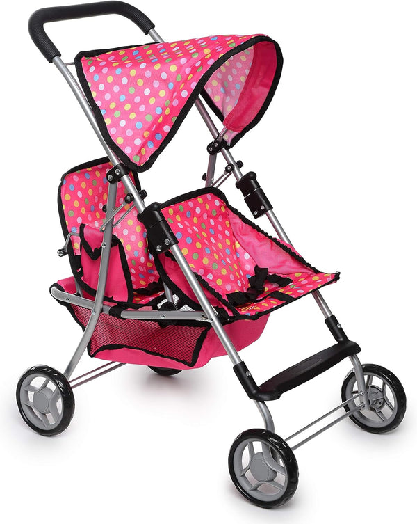 Twin Baby Doll Stroller - Toy Stroller with Storage Basket for Baby Doll Accessories, Polka Dot Design, Folds Easily