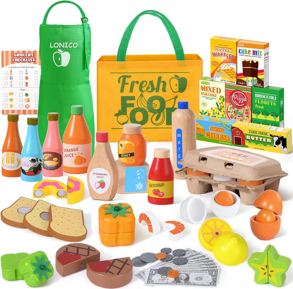 Lonico Wooden Play Food Toys for Kids, Market Grocery Store Toys with