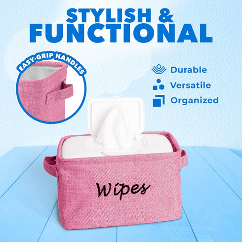 Baskets for Organizing Wipes and Newborn Essentials, Pink Linen Diaper and Wipes Organizer, 9 x 6 x 5.5 Inches