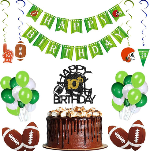 Black & Gold Glitter Football Happy 10th Birthday Cake Topper - Football Theme Party Decoration, 10th Birthday Party