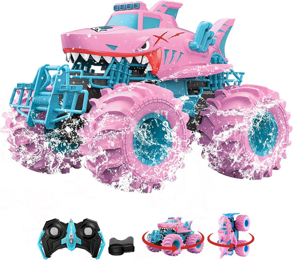 SUMEAUT Pink Shark Waterproof RC Monster Truck Toys - Amphibious Remote Control Car
