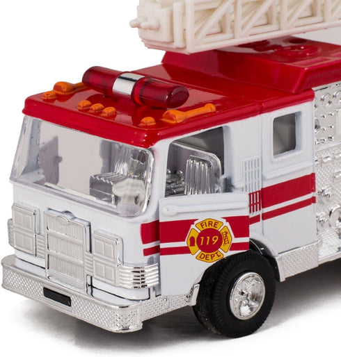 Children's Collectible Die-Cast Metal Pull-Back Action & Sound Fire Engine Truck with Ladder (Red)