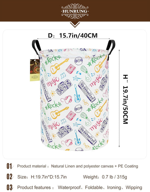 HUNRUNG Collapsible Fabric Storage Basket, Waterproof Laundry Hamper with Handles, Round Storage Bin for Clothes Toys