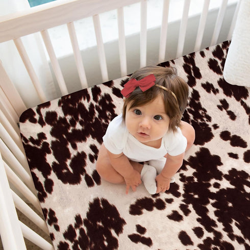 Glenna Jean Brown Cow Print Baby Fitted Crib Sheet Western Cowboy Boho Cowhide Highland Soft Farmhouse Gender Neutral