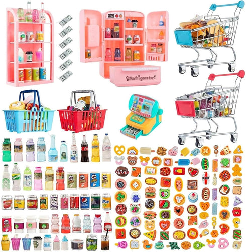 WEHOO 164Pcs Mini Shopping Cart Basket Miniature Food Drink Toy Supermarket Metal Handcart