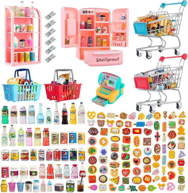 WEHOO 164Pcs Mini Shopping Cart Basket Miniature Food Drink Toy Supermarket Metal Handcart